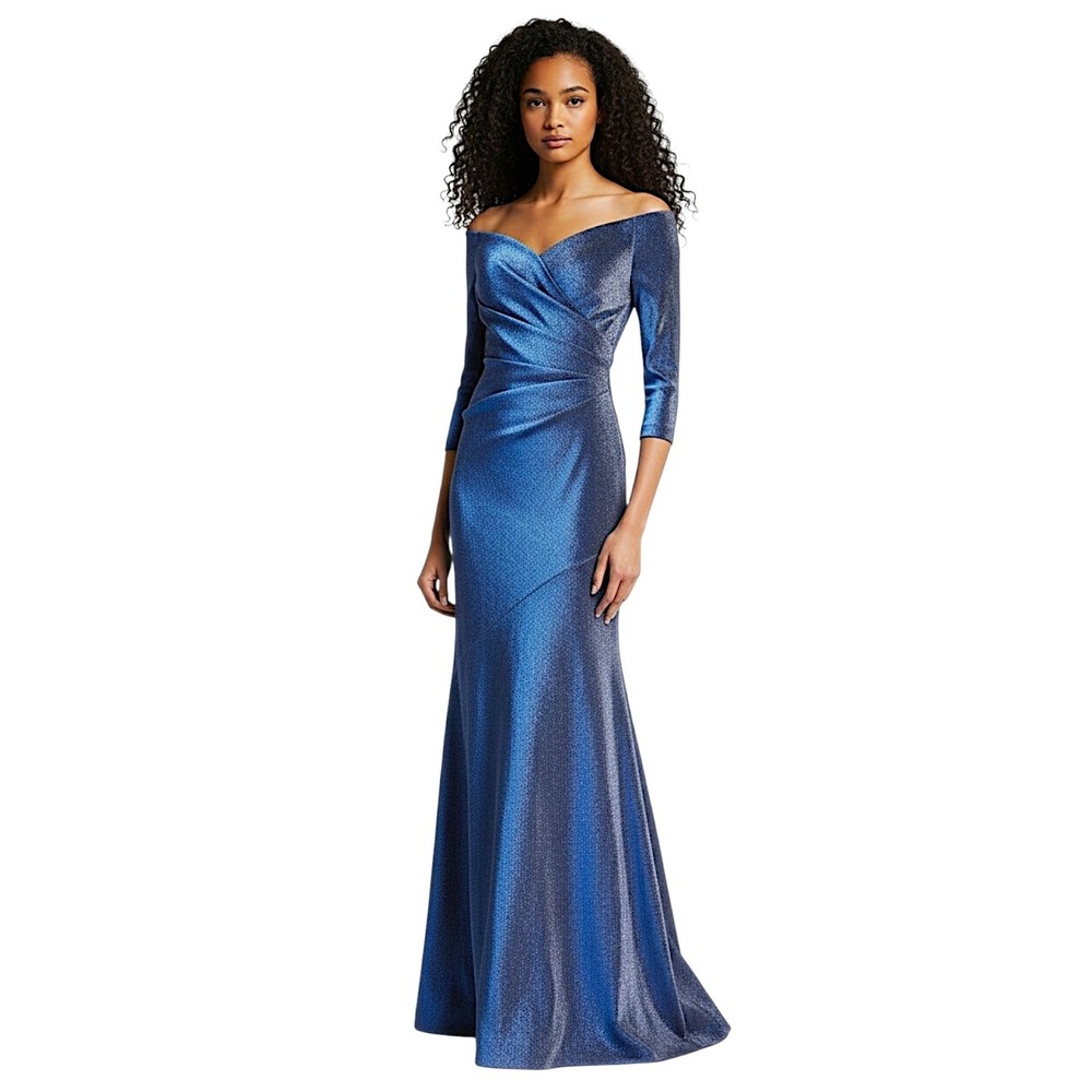 Theia Gown 12 Blue Metallic Off Shoulder Dress Ruched Wedding Guest Mother Bride